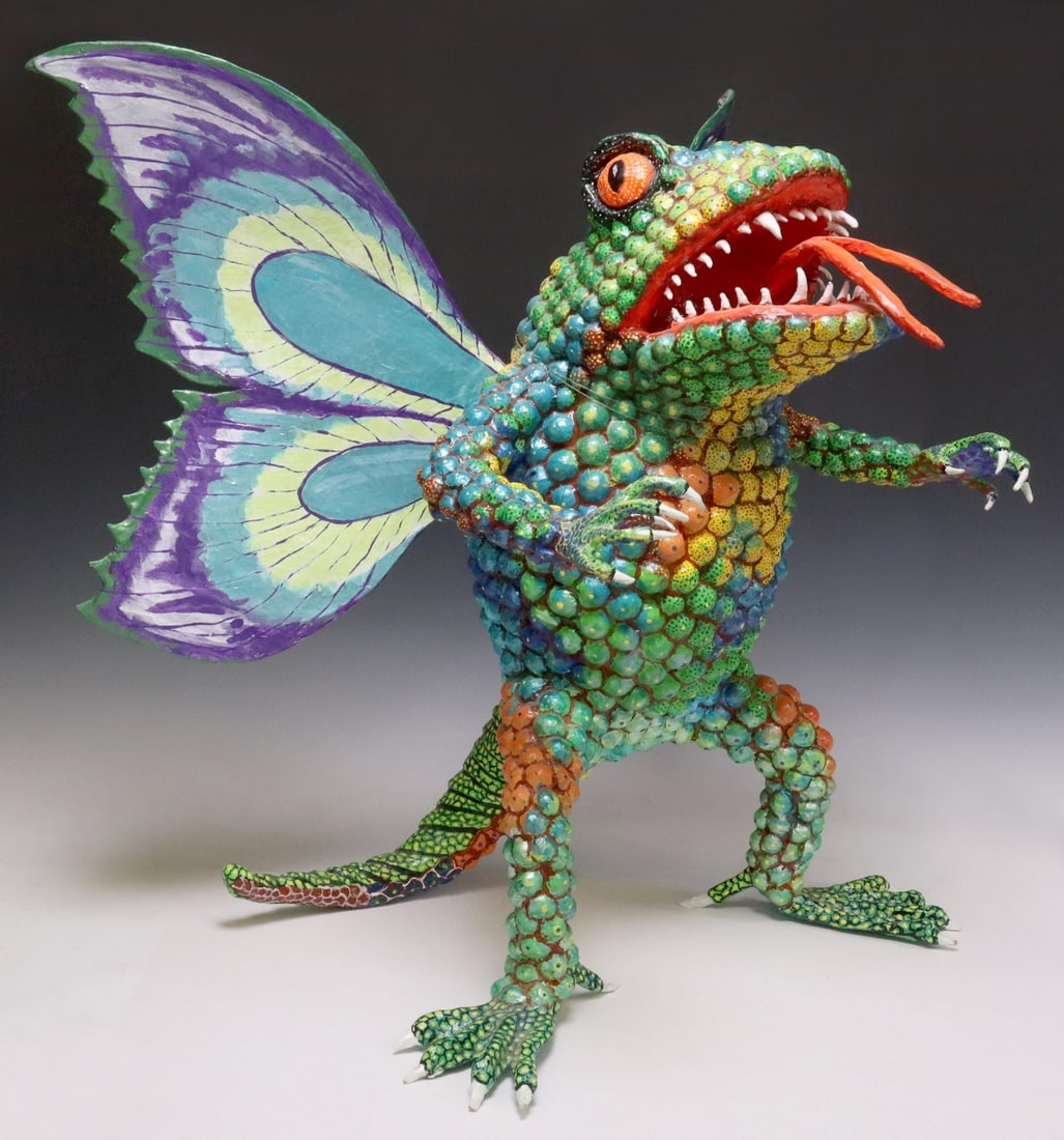 FELIPE LINARES (B.1936) PAPIER-MACHE ALEBRIJE: Folk art painted cartoneria (papier-mache) alebrije sculpture, Felipe Linares (Mexican, b.1936), fantastical creature with reptilian and insect features, approx 30"h, 31.5"w, 23"d Start Price: $400.00