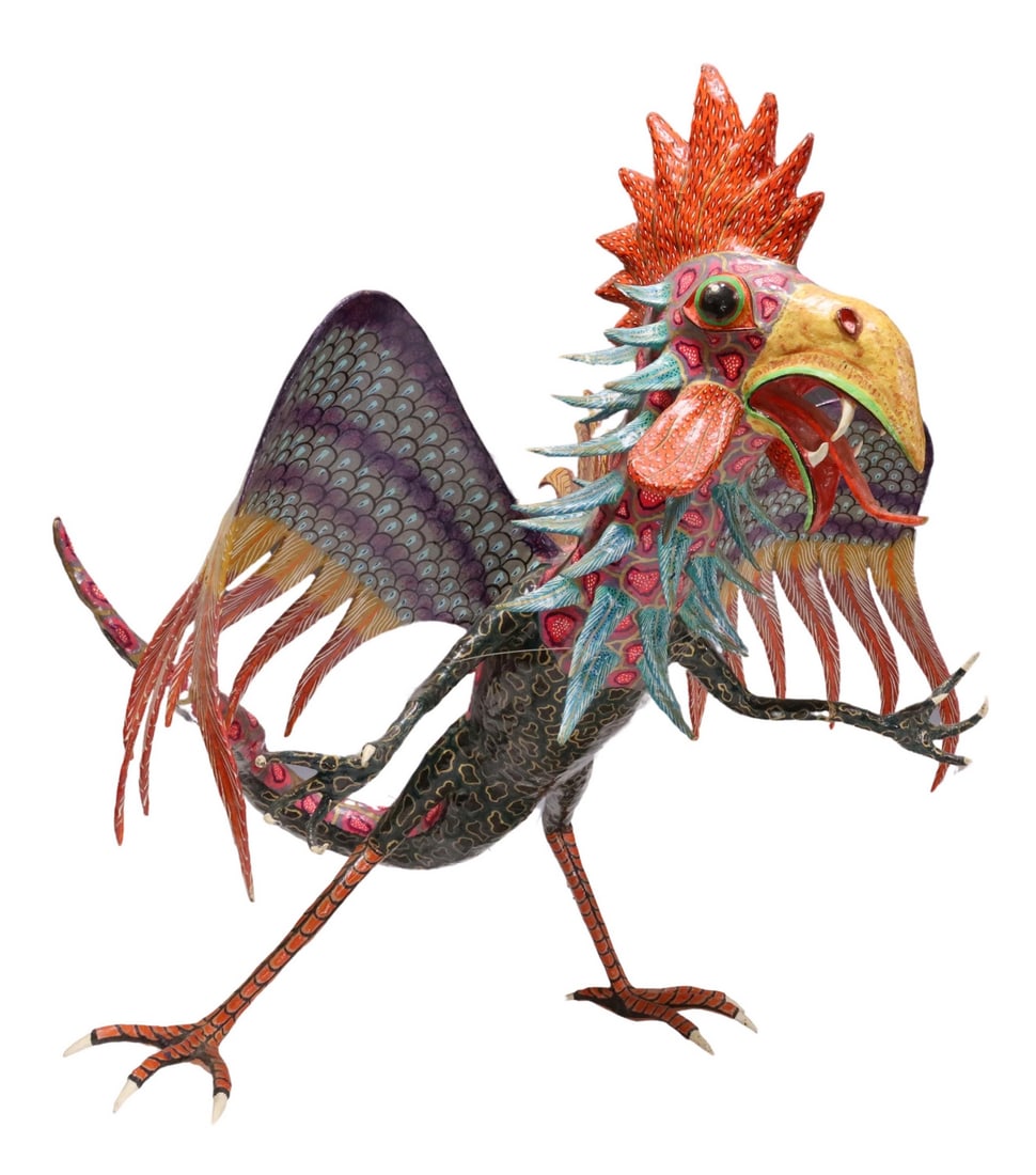ANTONIO JOEL GARCIA (B.1955) PAPIER-MACHE ALEBRIJE: Folk art painted hanging cartoneria (papier-mache) alebrije sculpture, Antonio Joel Garcia (Mexican, b.1955), fantastical creature with avian and reptilian features, is not free standing, has wire for