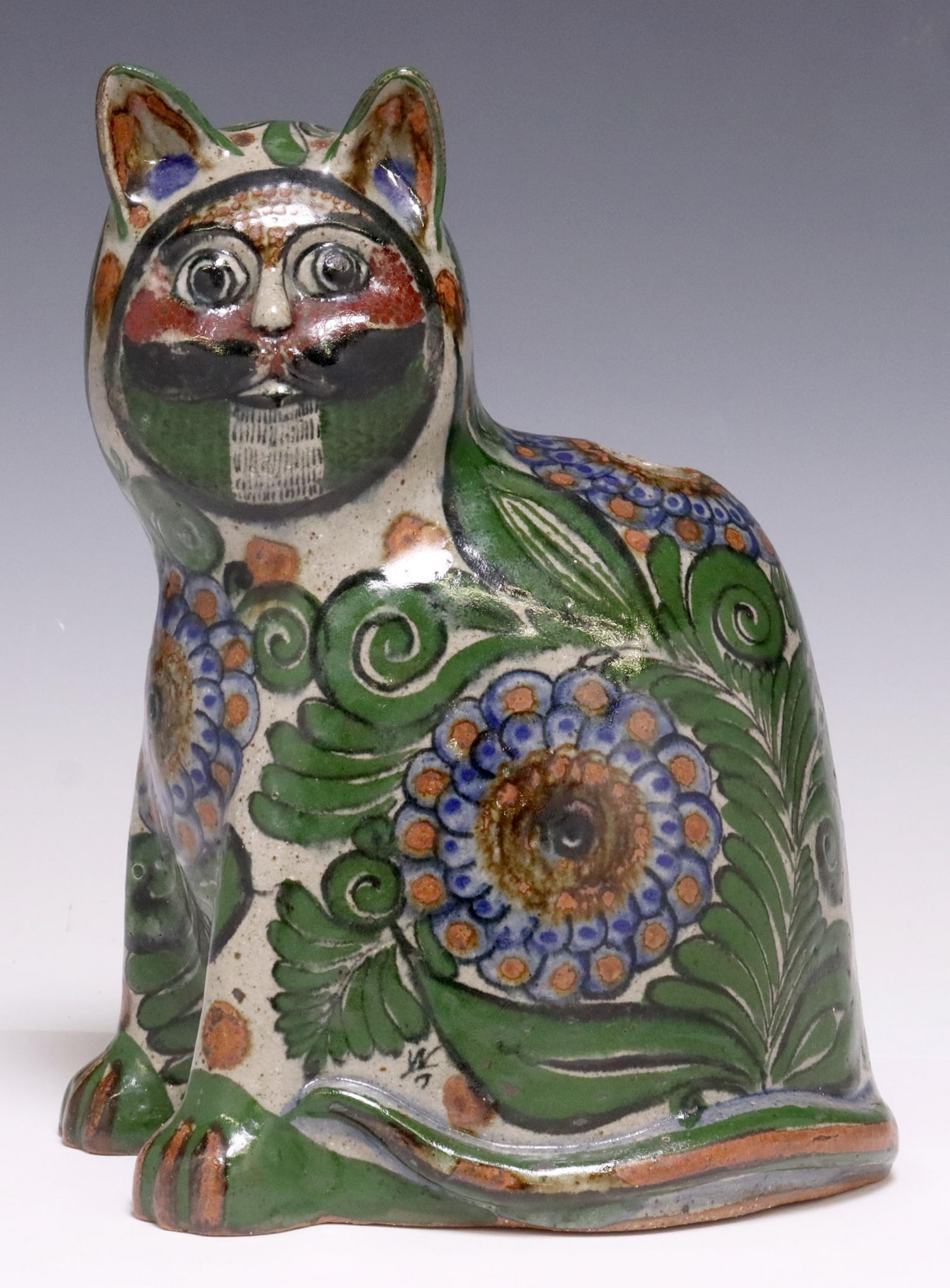 JORGE WILMOT (D.2012) TONALA FOLK ART POTTERY LION: Mexican folk art pottery nagual lion vase, initialed W at side (Jorge Wilmot, Tonala, Mexico, 1928-2012), modeled as a standing cat, with glazed foliate designs, approx 10.25"h, 7"w, 5"d, 3lbs Start P