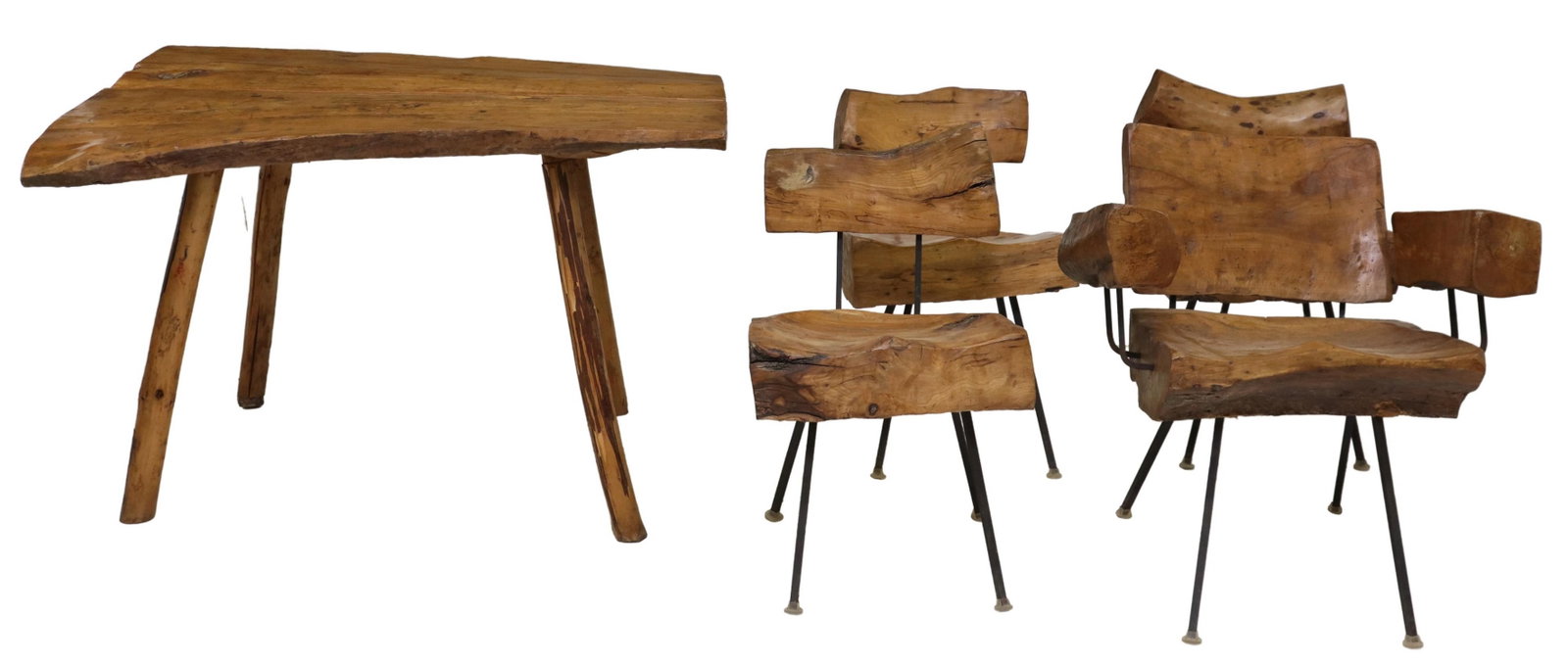 (5) RUSTIC SABINO LIVE EDGE TABLE & CHAIRS, MEXICO: (lot of 5) Rustic Sabino wood (Mexican Cypress) live edge table and chairs group, each with slab top, including: (1) table, rising on four shaped legs, approx 29"h, 33.5"w, 32.25"d; (4) chairs, each r