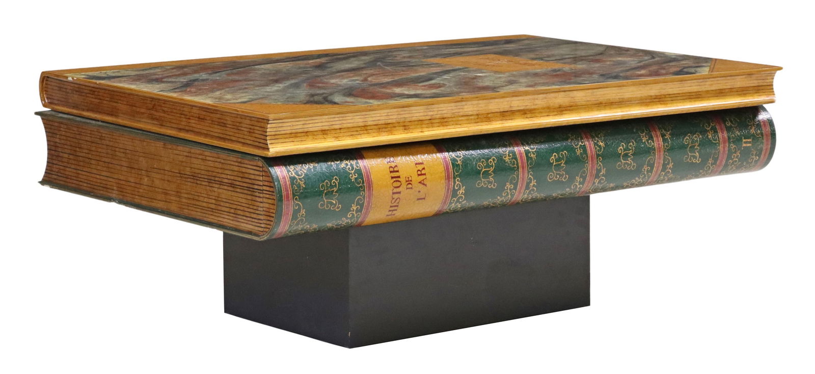 FRENCH FOURNIER DECORATION BOOK-FORM COFFEE TABLE: French lacquered book-form coffee table, Fournier Decoration, late 20th c., with faux marbled art history themed titles, concealed drawer, rising on squared base, retaining adhesive maker's label to i