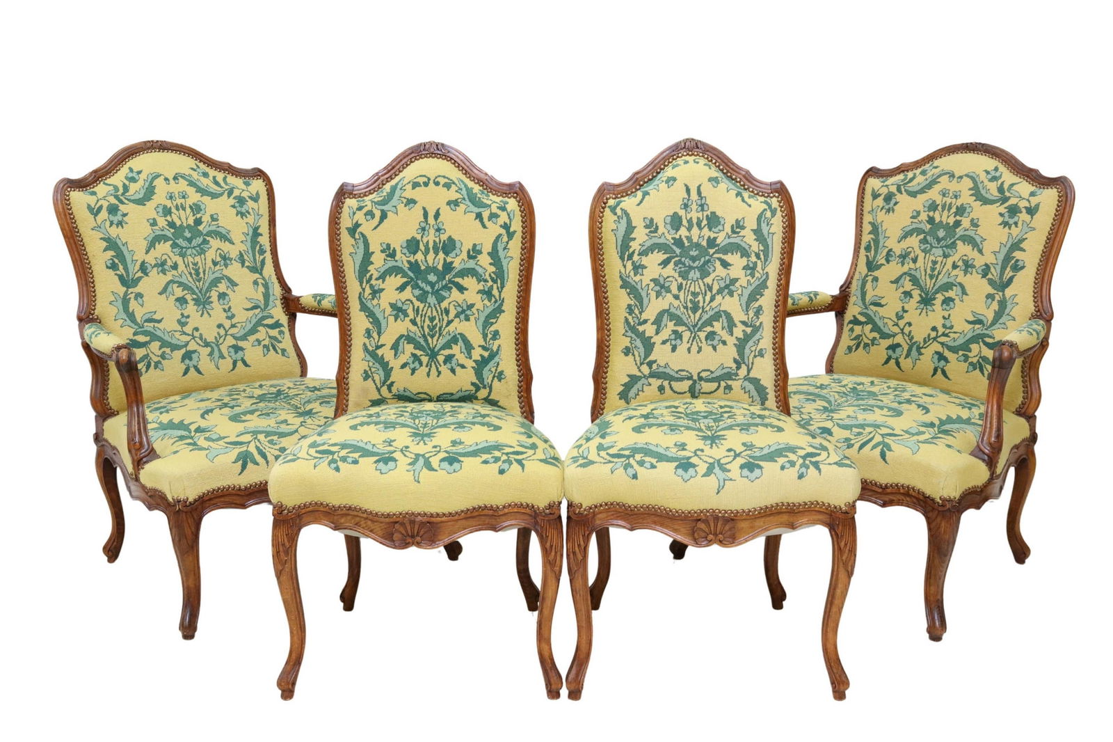 4) FRENCH LOUIS XV STYLE UPHOLSTERED SEATING GROUP: (lot of 4) French Louis XV style walnut seating group, early 20th c., each having shaped back, in foliate patterned needlework upholstery, with nailhead trim, rising on cabriole legs, including: (2) f
