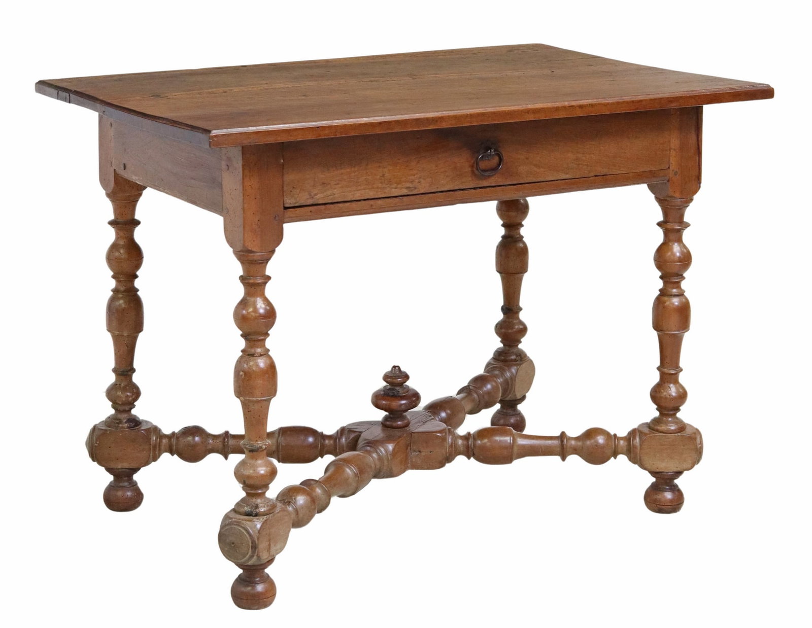 FRENCH LOUIS XIV STYLE WALNUT WRITING TABLE: French Louis XIV style walnut writing table/ desk, 19th c., having rectangular top, over single drawer, rising on stretcher-joined turned supports, ending on bun feet, approx 28.5"h, 39"w, 25.5"d Star