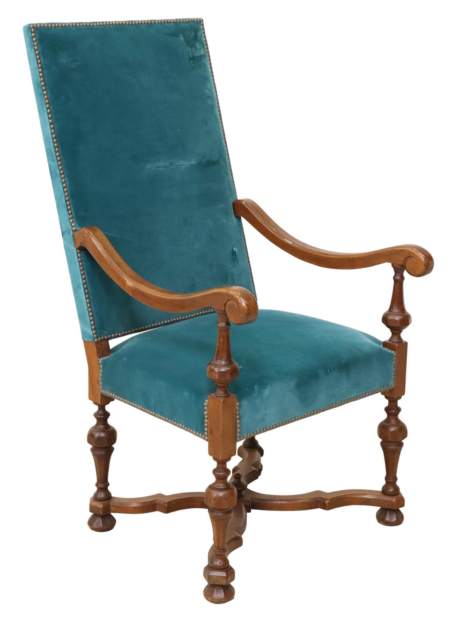 FRENCH LOUIS XIV STYLE VELVET HIGHBACK FAUTEUIL: French Louis XIV style highback armchair, later velvet upholstery, scrolled arms, legs joined by x-form cross stretcher, approx 47.5"h, 25"w, 26.5"d, seat height: 21"h Start Price: $80.00