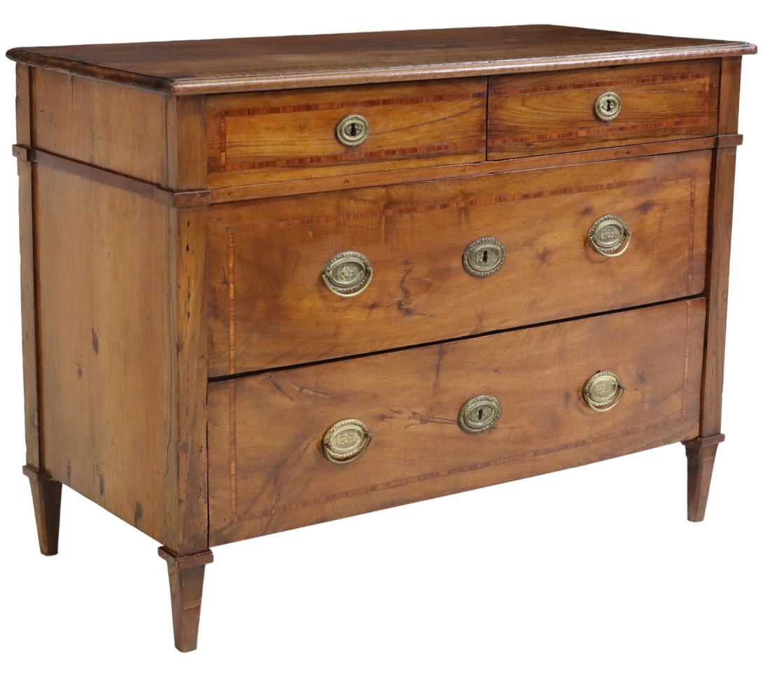 ITALIAN NEOCLASSICAL WALNUT COMMODE, 18TH C.: Italian Neoclassical walnut commode, 18th c., two short over two long drawers, all with contrasting string inlay, on tapering square legs, typical losses and restorations, approx 36"h, 48"w, 22.5"d St