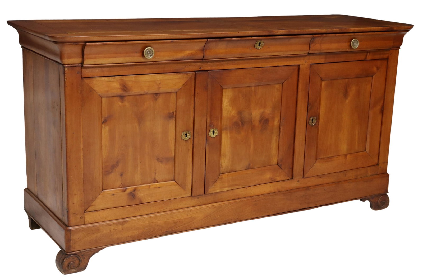 FRENCH LOUIS PHILIPPE PERIOD FRUITWOOD SIDEBOARD: French Louis Philippe period fruitwood sideboard, mid 19th c., ogee frieze with three drawers, over three paneled cabinet doors, interior shelves, on bracket feet, separation at side panels, approx 39