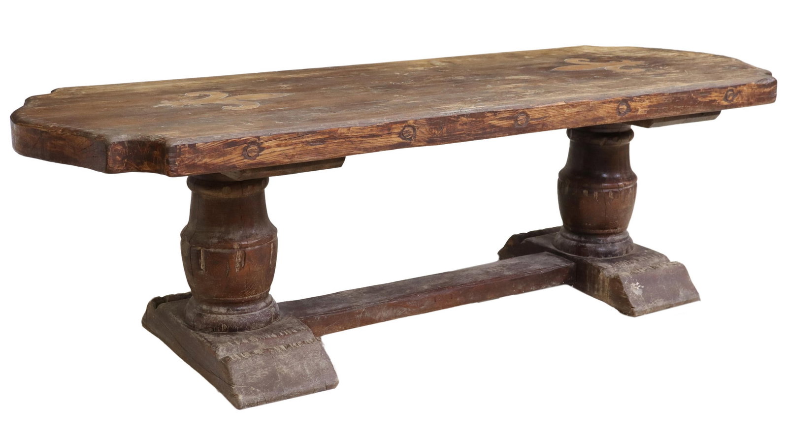 LARGE RUSTIC FRENCH OAK FLEUR-DE-LIS TABLE, 99"L: Large Rustic French oak table, 20th c., tabletop with incised fleurs-de-lis, on substantial baluster-form supports, joined by cross stretcher, ending in a molded shoe base, approx 29.5"h, 99"l, 35.5"w
