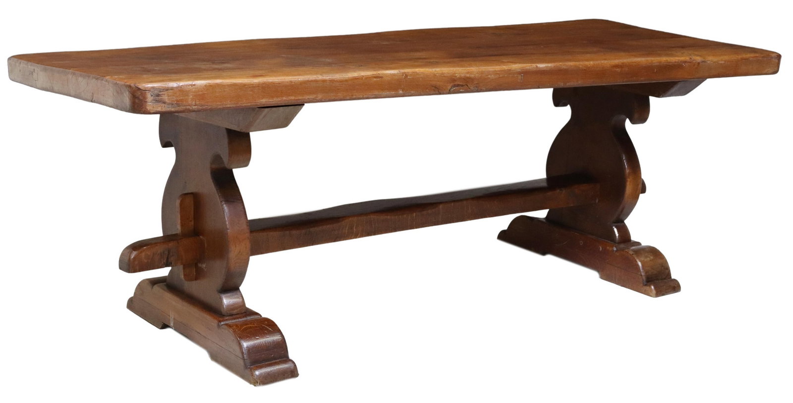 FRENCH MONASTERY OR REFECTORY TABLE, 86.5"L: French monastery/ refectory table, 20th c., 2.5" thick tabletop comprised of four boards, flat baluster supports, cross stretcher with wedged mortise and tenon joinery, rising on a molded shoe base, t