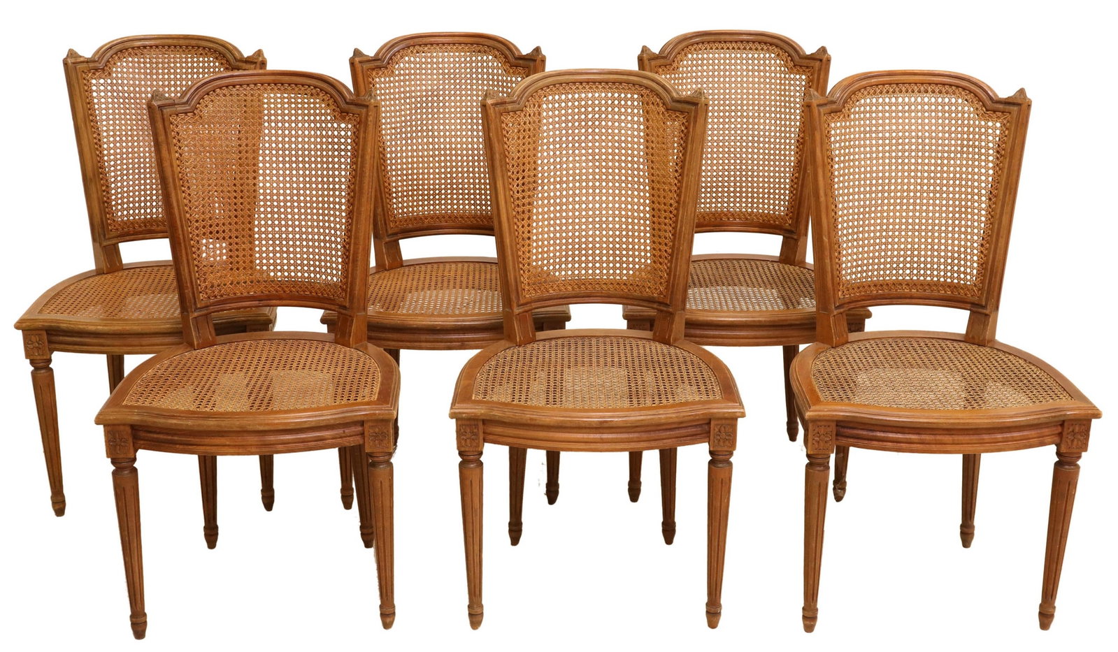 (6) FRENCH LOUIS XVI STYLE CANE DINING CHAIRS: (lot of 6) French Louis XVI style beechwood frame chairs, 20th c., cane curved backs and seats, rising on tapered ribbed legs, approx 37.25"h, 20"w, 17.75"d Start Price: $200.00