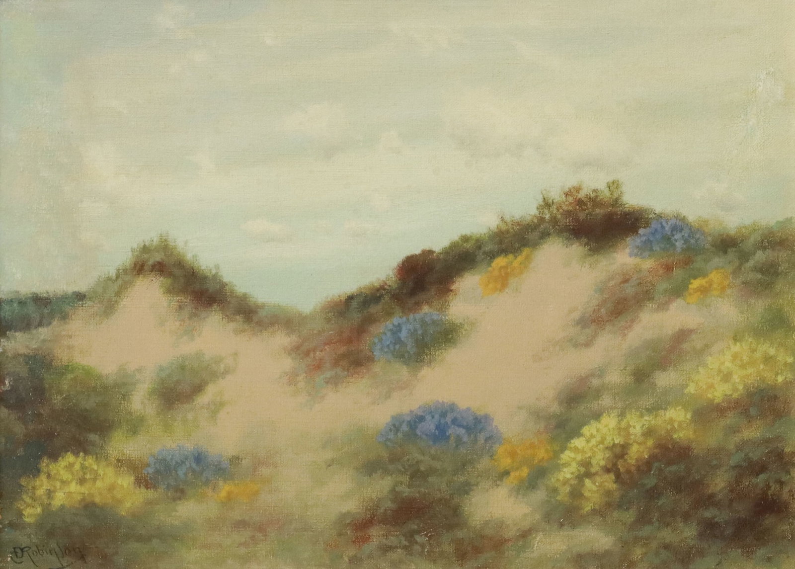 CHARLES DORMON ROBINSON (D.1933) CA SAND DUNES: Framed oil on canvas painting, Northern California Sand Dunes and Wildflowers, signed lower left C.D. Robinson (Charles Dormon Robinson, Maine, California, 1847-1933), inpainting/ restoration along le