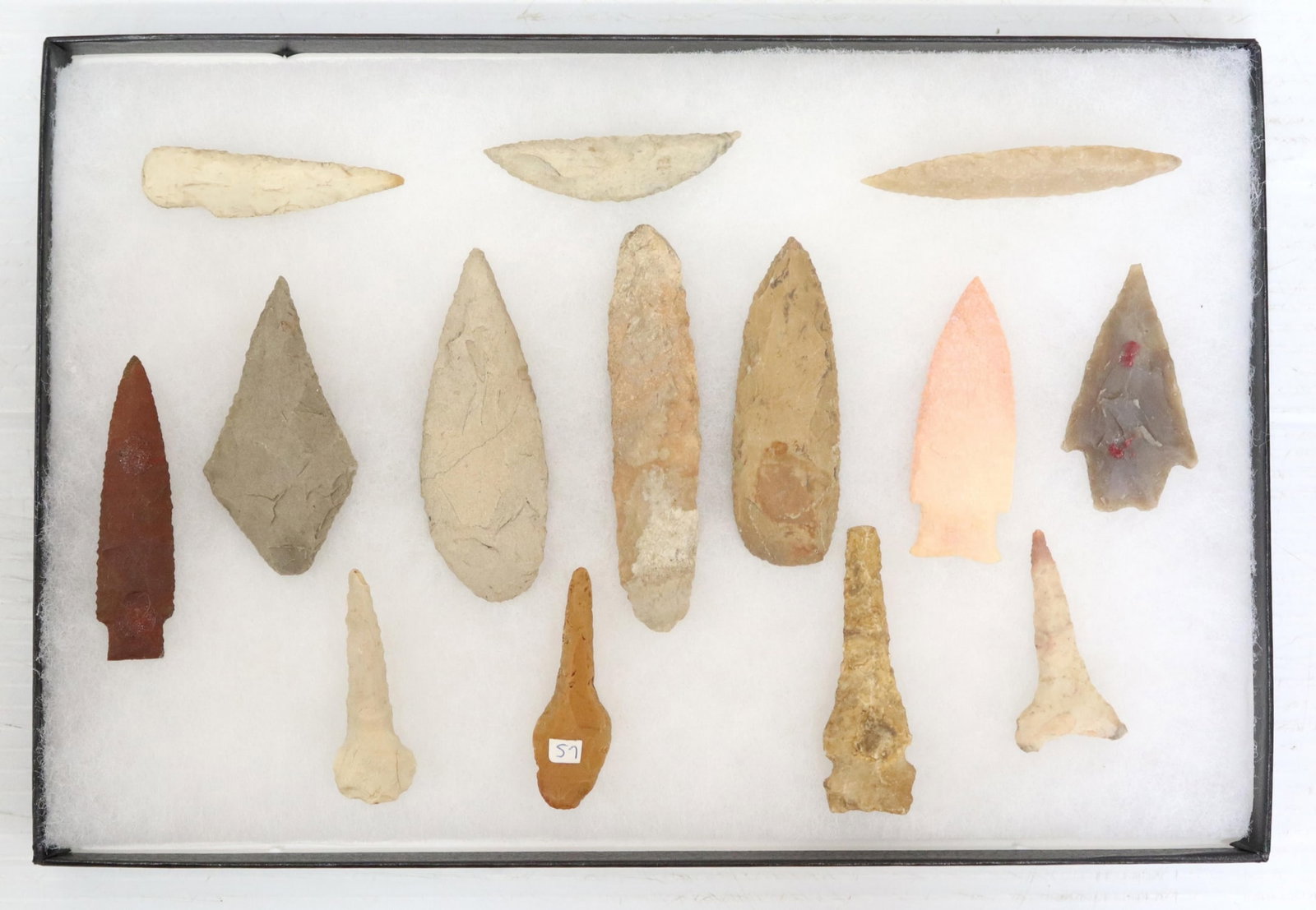 (14) STONE TOOLS, SPEAR POINTS & ARROWHEADS: (lot of 14) Stone tools, arrowheads, and spear points, housed in Riker display box, largest: approx 3 5/8"l, 1 3/8"w, box: approx 1"h, 12.5"l, 8.25"w, 1.5lbs total Start Price: $80.00