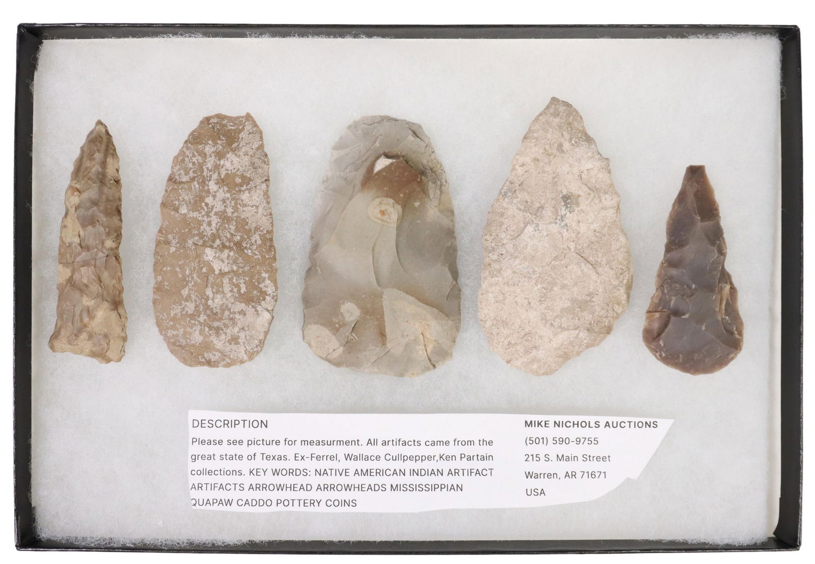 (5) TEXAS STONE BLADES, SPEAR HEADS, SCRAPERS: (lot of 5) Stone spear points, blades, and scrapers; all housed in Riker box, found throughout Texas; largest: 4.25"l, 2.5"w; 1.25lbs total **Provenance: Purchased from Mike Nichols Auction, Warren, A