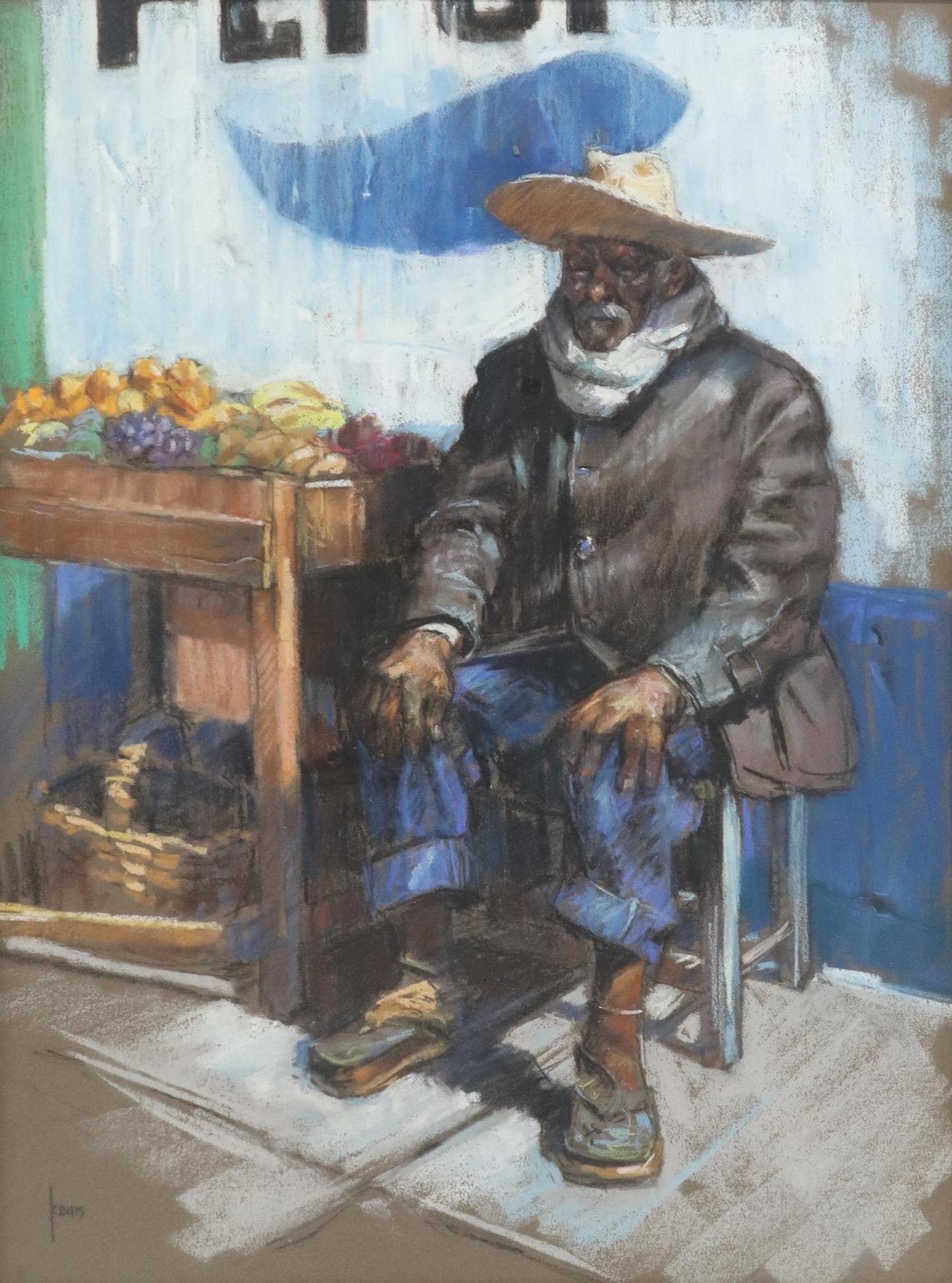 BEN KONIS (1924-2006) PASTEL THE FRUIT VENDOR: Framed pastel drawing on paper, The Fruit Vendor, signed lower left Konis (Ben Konis, American, 1924-2006), label verso: "exhibited in the Panhandle-Plains Historical Museum," sight: approx 23.5"h, 17