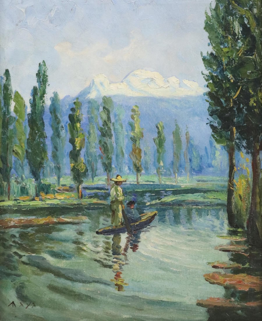 REYNALDO MAYA (MX, B.1911) OIL PAINTING CHINAMPAS: Framed oil on canvas painting, Chinampas, signed lower left Maya (Reynaldo Maya, Mexican, active in Texas, b.1911), sight: approx 18.75"h, 14.75"w, overall: 23.25"h, 19.25"w, 2.25lbs Start Price: $100