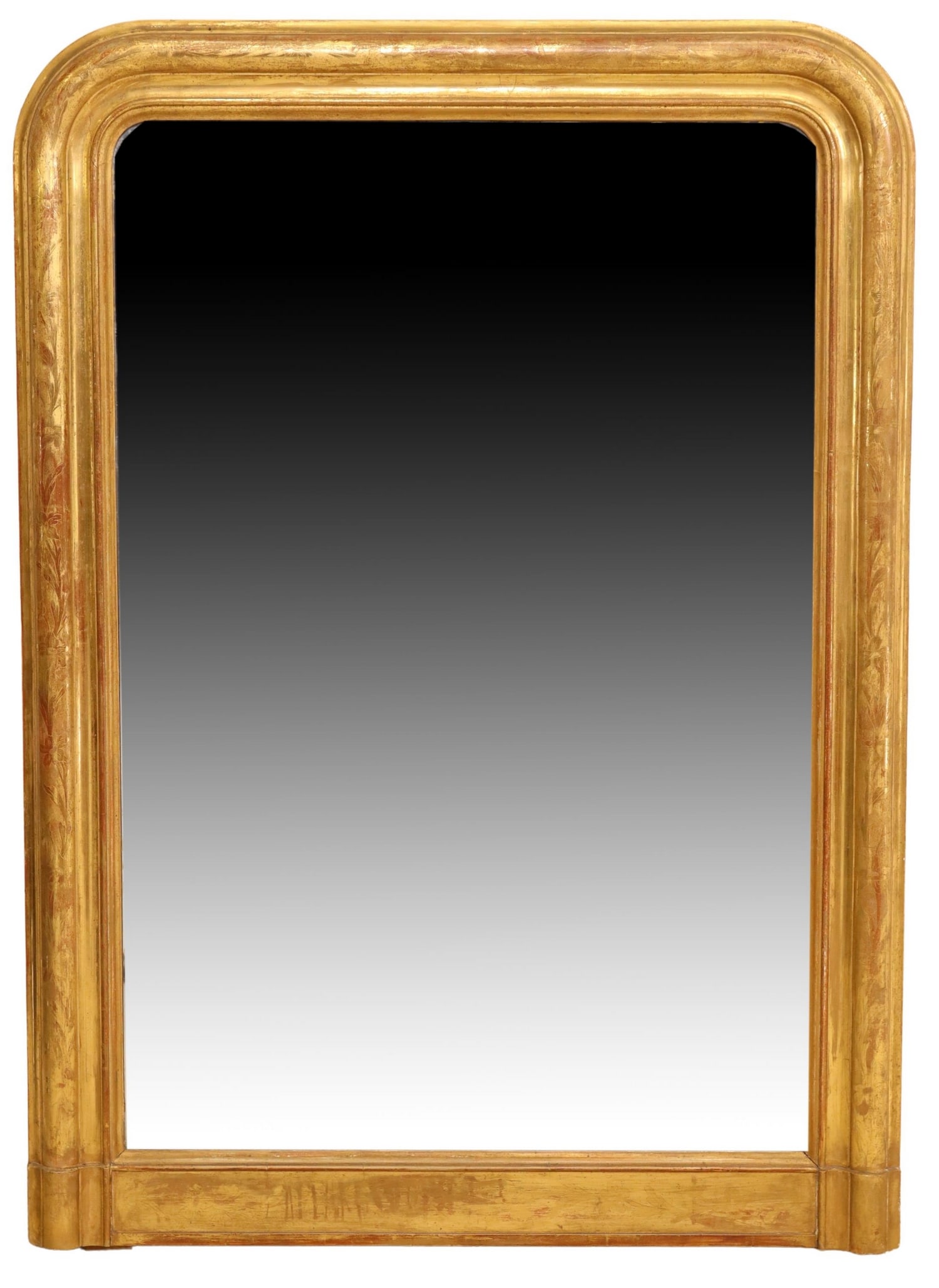 FRENCH LOUIS PHILIPPE PERIOD GILTWOOD MIRROR: French Louis Philippe period giltwood wall mirror, mid 19th c., having arched frame with incised floral motifs, encasing flat mirror plate, some silver loss to mirror plate, approx 54.5"h, 39.5"w, 50l