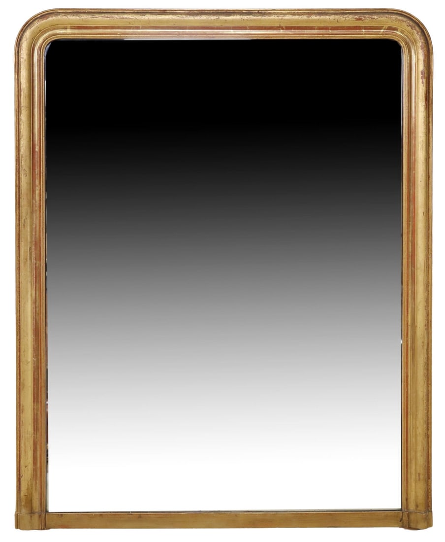 FRENCH LOUIS PHILIPPE PERIOD GILTWOOD MIRROR: French Louis Philippe period giltwood wall mirror, mid 19th c., having arched frame, encasing later flat mirror plate, some very minor silver loss to mirror plate, approx 53.5"h, 42.5"w, 73lbs Start P