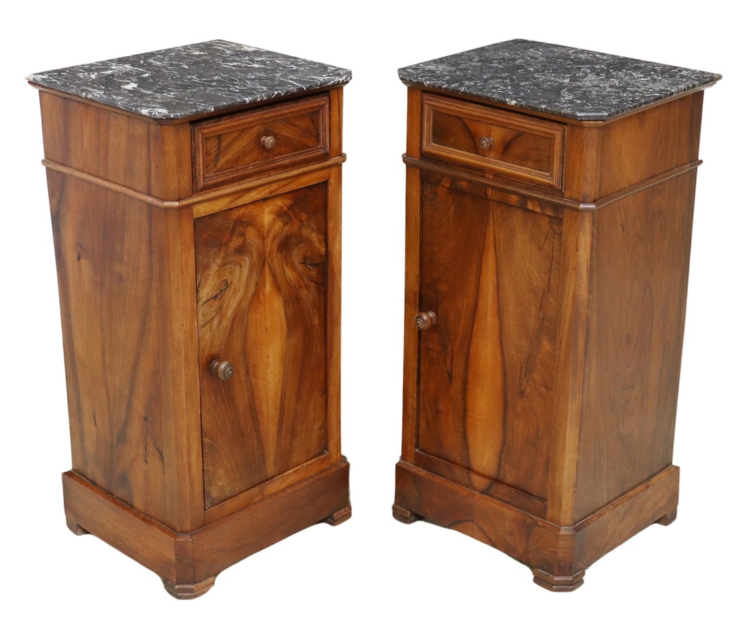 (2) FRENCH MARBLE-TOP WALNUT BEDSIDE CABINETS: (pair) French Louis Philippe period marble-top nightstands, mid 19th c., walnut case fitted with single drawer over cabinet door, on bracket feet, (one) with restoration to back right corner of marble