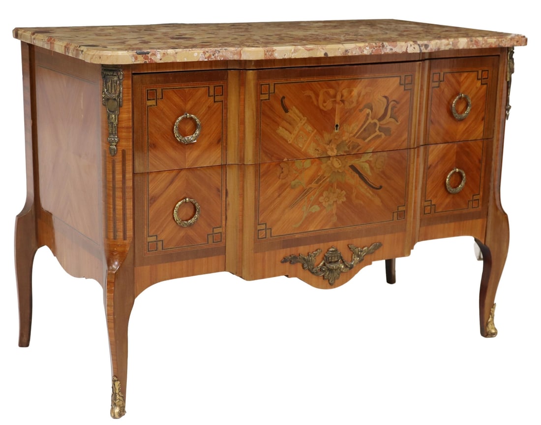 FRENCH LOUIS XV STYLE MARBLE-TOP MARQUETRY COMMODE: French Louis XV style matched veneer commode, early 20th c., having shaped marble top, over two drawers, with inlaid ribbon over crossed torch and quiver of arrows, banded parquetry, rising on cabriol