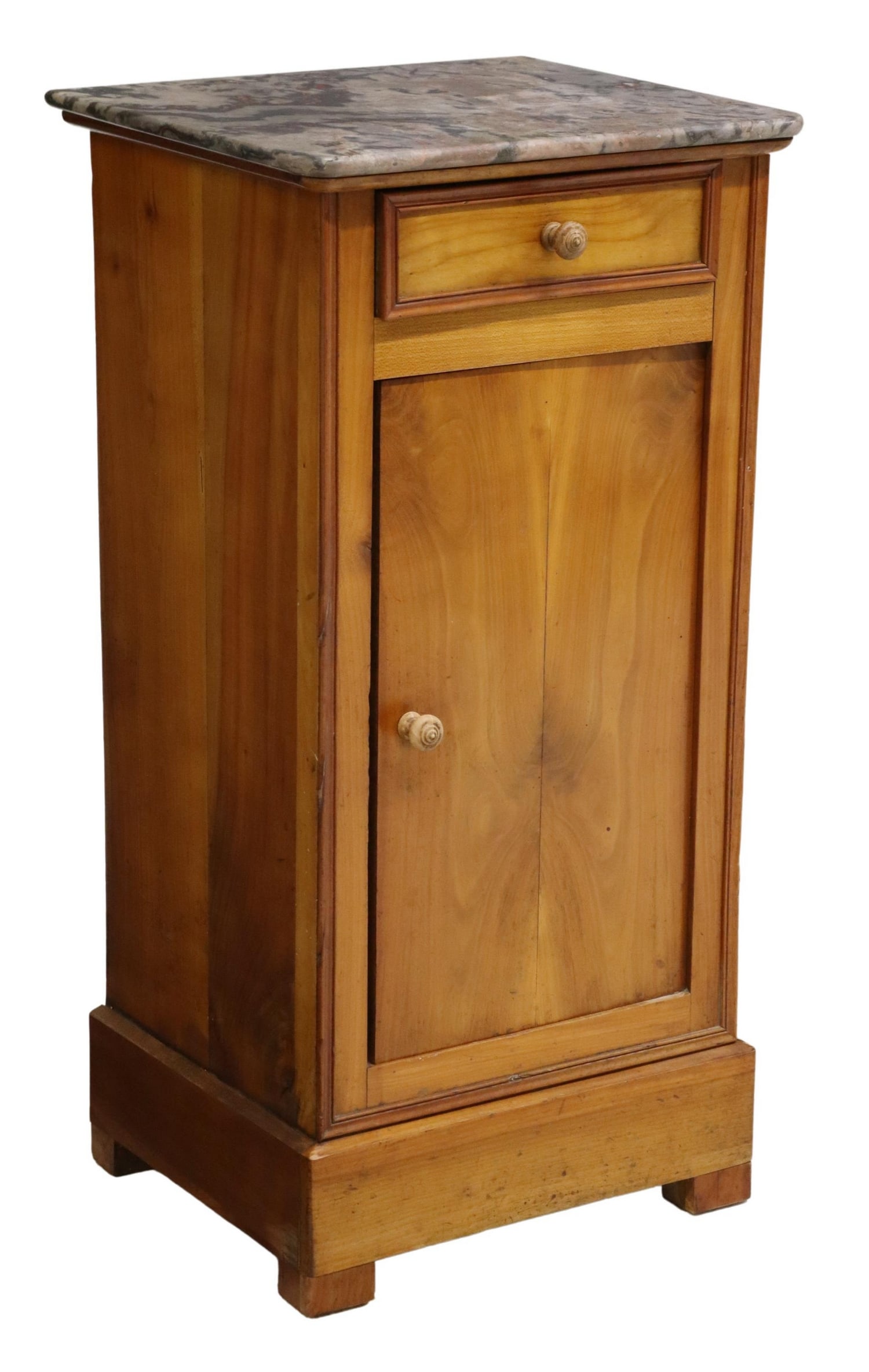 FRENCH LOUIS PHILIPPE MARBLE-TOP BEDSIDE CABINET: French Louis Philippe period marble-top nightstand, mid 19th c., fruitwood case fitted with a single drawer, over cabinet door, interior shelf, on bracket feet, separation at right side panel, approx 