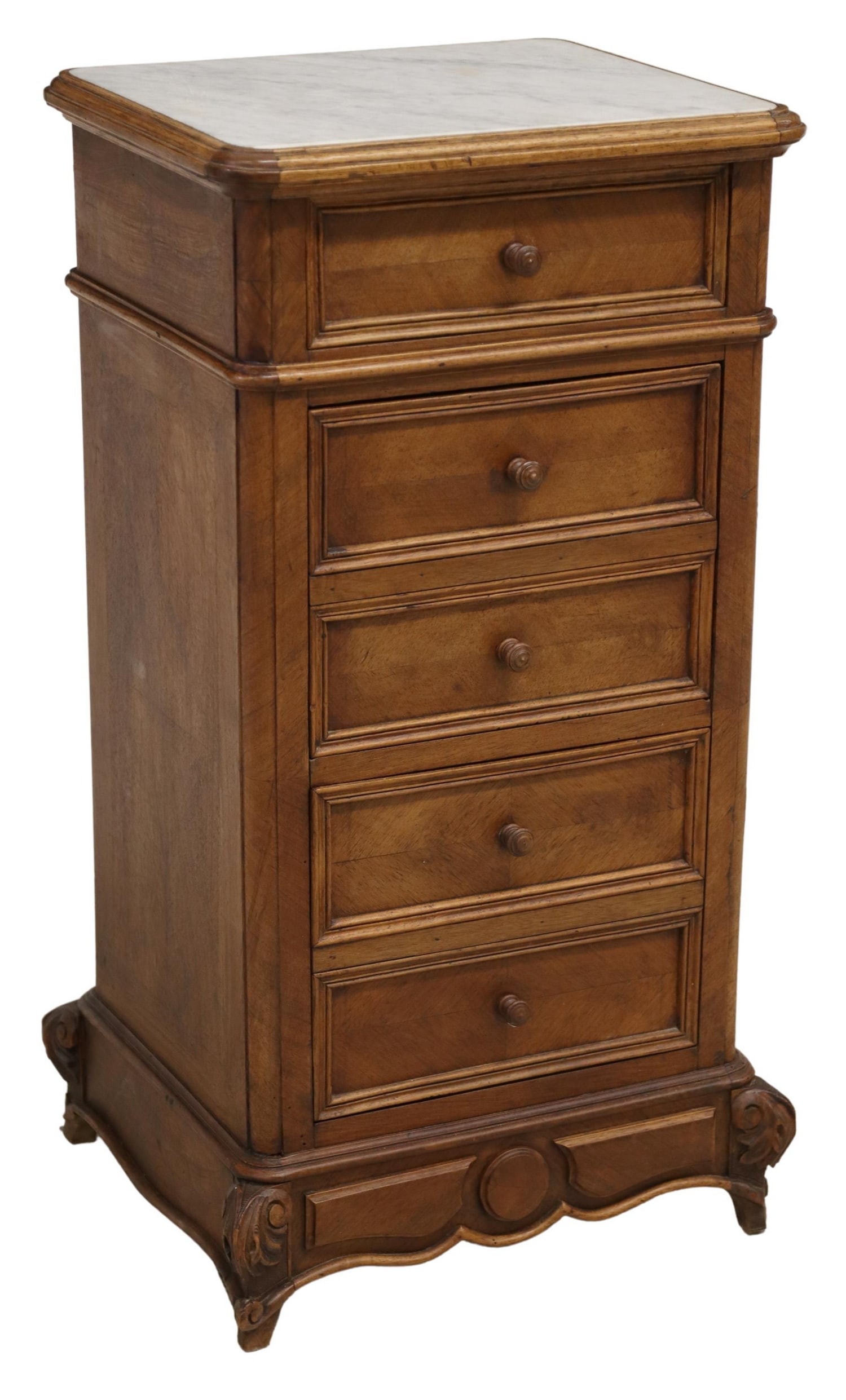 FRENCH MARBLE-TOP BEDSIDE CABINET, 19TH C.: French nightstand, late 19th c., inset marble top, single drawer over two fall-front cabinets, top cabinet with marble-lined interior, on whorl feet, approx 35.5"h, 19"w, 16.75"d Start Price: $100.00