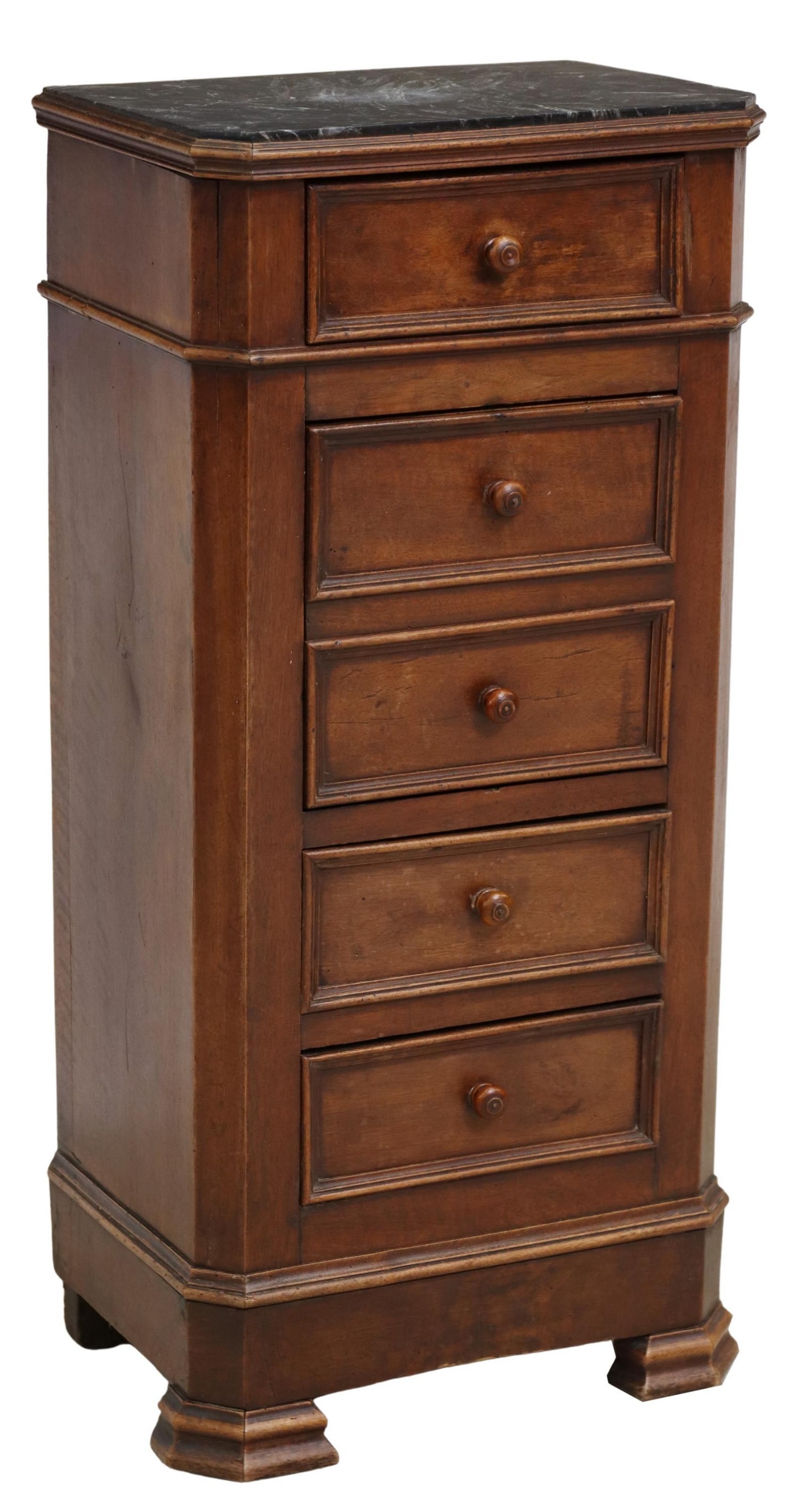 FRENCH LOUIS PHILIPPE MARBLE-TOP BEDSIDE CABINET: French Louis Philippe period nightstand, mid 19th c., inset marble top, drawer over fall-front cabinet, interior marble shelf, two additional drawers below, on bracket feet, hairline at back right cor