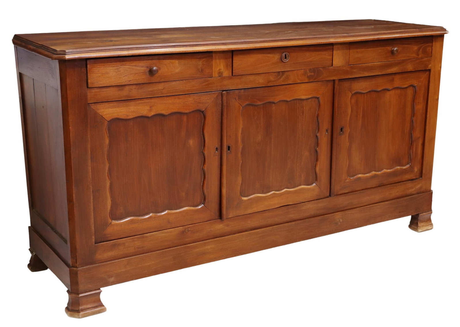FRENCH PROVINCIAL FRUITWOOD SIDEBOARD, 19TH C.: French Provincial fruitwood sideboard, late 19th c., having rectangular top, three drawers, over three paneled cabinet doors, revealing shelved interior, rising on bracket feet, separation at side pan