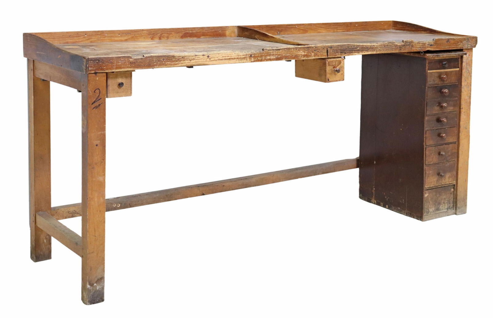 (2) RUSTIC CRAFTSMAN'S OAK WORK TABLE & DRAWERS: (lot of 2) Rustic craftsman's oak workbench/ table and tower of drawers, early 20th c., including: (1) table, having divided rectangular top, over two hanging drawers, rising on stretcher-joined squar