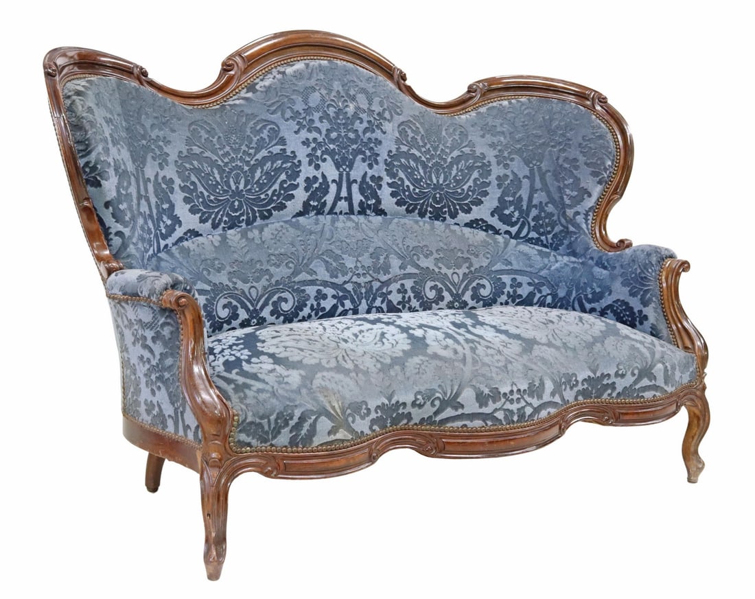 FRENCH NAPOLEON III PERIOD SALON SOFA, 19TH C.: French Napoleon III period salon sofa, late 19th c., upholstered in blue mohair with cut damask-type pattern, on scroll legs, loss to upholstery in areas, approx 44.5"h, 69.25"w, 32"d, seat height: 23