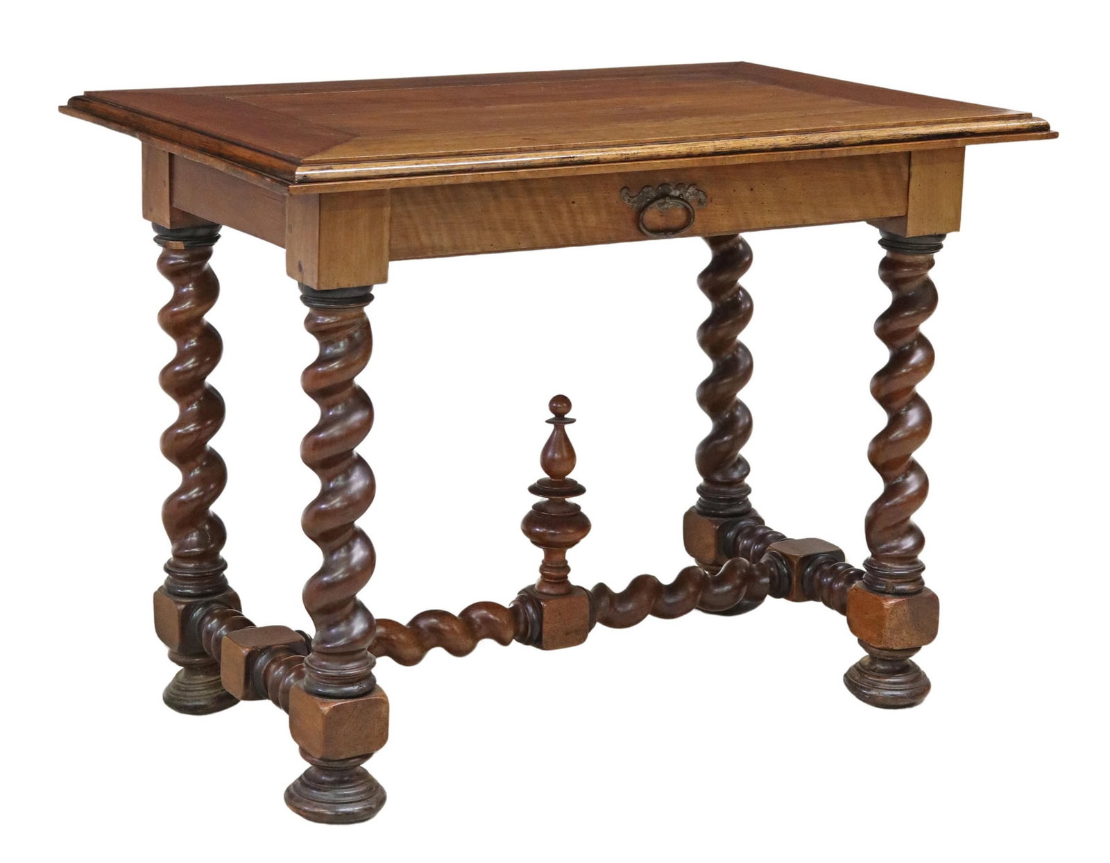 FRENCH LOUIS XIII STYLE WALNUT WRITING TABLE: French Louis XIII style walnut writing table/ desk, 19th c., single frieze drawer, twist legs joined by stretchers, on bun feet, approx 29.5"h, 40"w, 25.25"d Start Price: $250.00