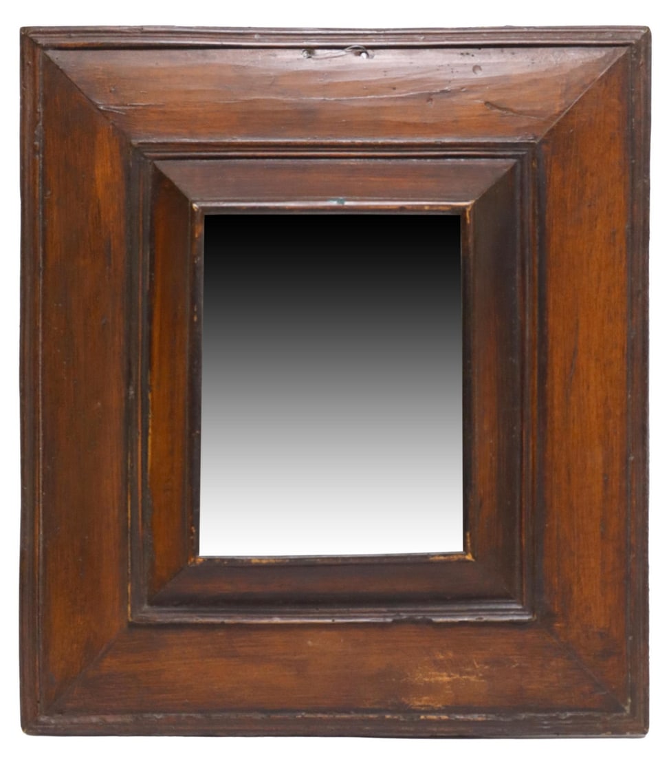 CONTINENTAL RECTANGULAR WALL MIRROR: Continental wall mirror, early 20th c., having stepped rectangular frame, encasing flat mirror plate, two small drill holes at front for hanging, approx 17.5"h, 15.5"w, 3.9lbs Start Price: $100.00