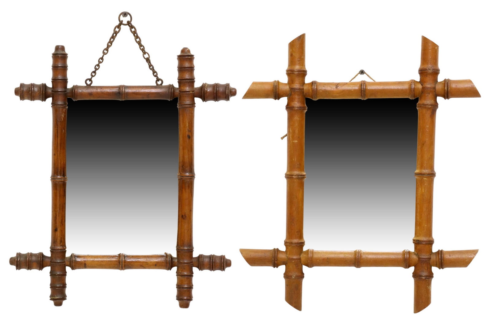 (2) FRENCH TURNED WOOD FAUX BAMBOO WALL MIRRORS: (lot of 2) French faux bamboo wall mirrors, early 20th c., each having turned wood frame, encasing flat mirror plate, both with some silver loss to mirror plate, approx largest: approx 16"h, 13.5"w, 3