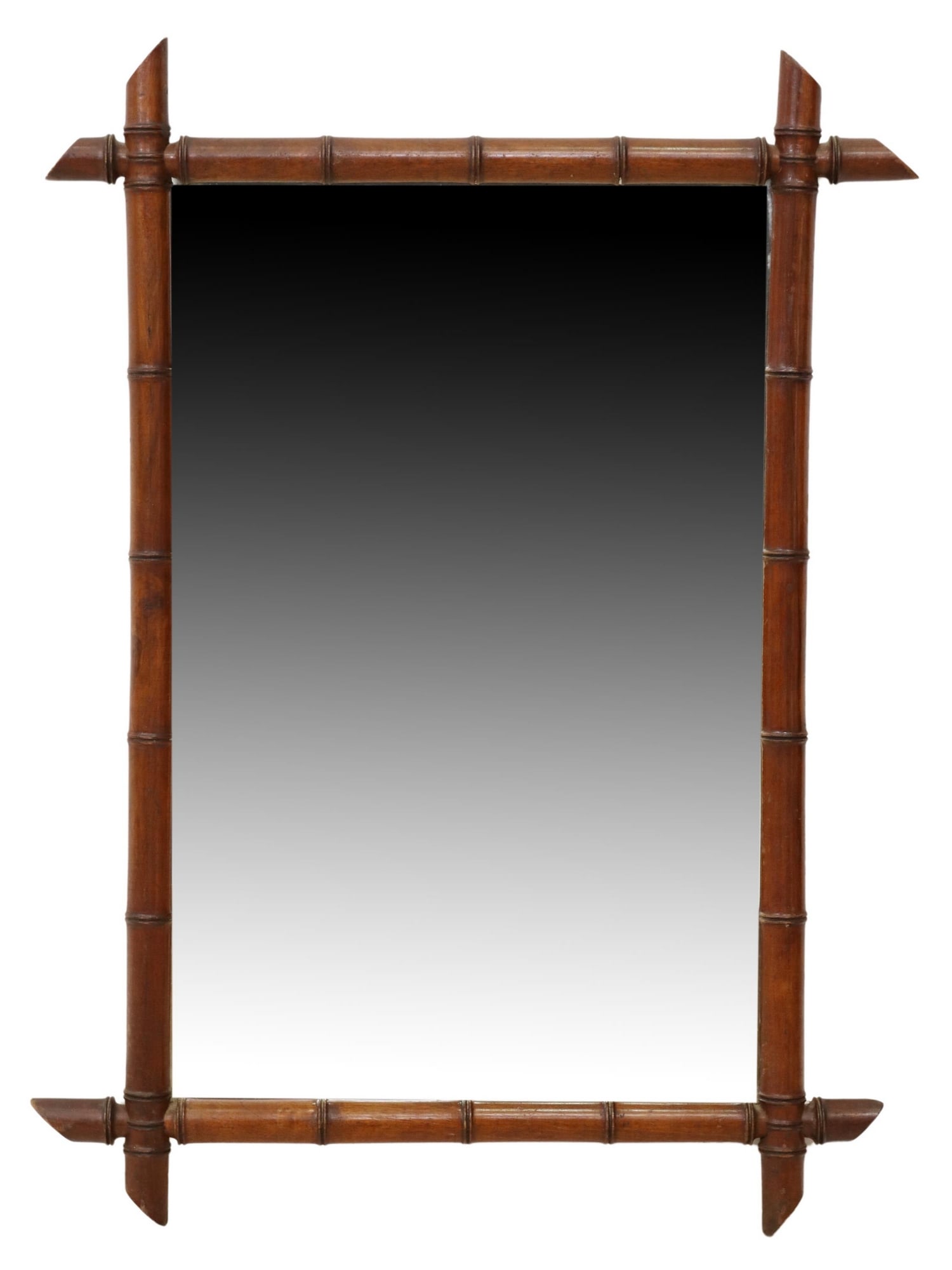 FRENCH TURNED WOOD FAUX BAMBOO WALL MIRROR: French faux bamboo wall mirror, early 20th c., having turned wood frame, encasing flat mirror plate, some minor silver loss to mirror plate, approx 36"h, 25.5"w, 15lbs Start Price: $80.00