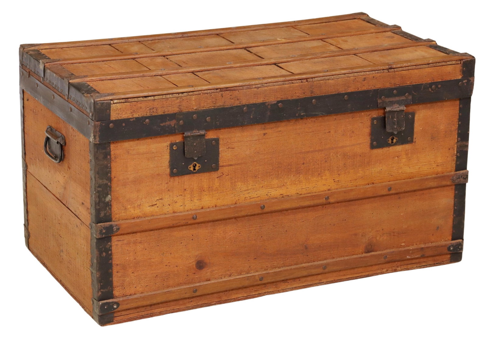 METAL-BOUND PINE FLAT TOP TRUNK: Metal-bound pine flat top trunk, early 20th c., having iron carry handles, approx 17.5"h, 32"w, 17.75"d Start Price: $100.00