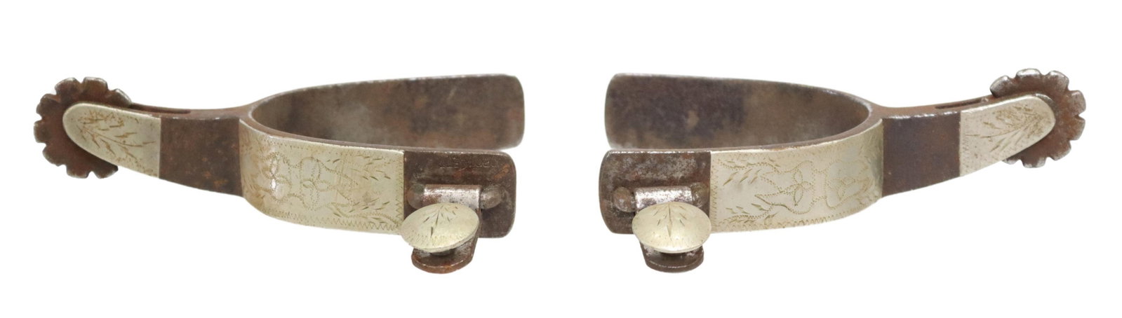(PAIR) VINTAGE CROCKETT COWBOY SPURS: (pair) Vintage Crockett spurs with silver or nickel overlay on heelband, outside button, and shank, 10 point 1.1/8" rowels, for shipping 1.15lbs Start Price: $100.00