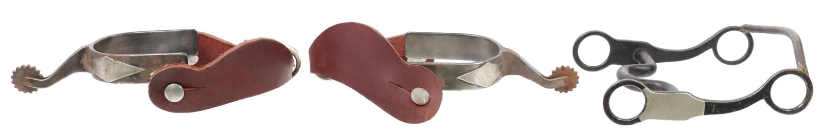 (3) VINTAGE COWBOY SPURS & HORSE BIT: (lot of 3) Vintage Cowboy spurs, engraved silver overlay at heelband, 16 point 1" rowels, brown leathers; (1) horse bit with similar overlay to the spurs, for shipping total 2.30lbs Start Price: $80.0