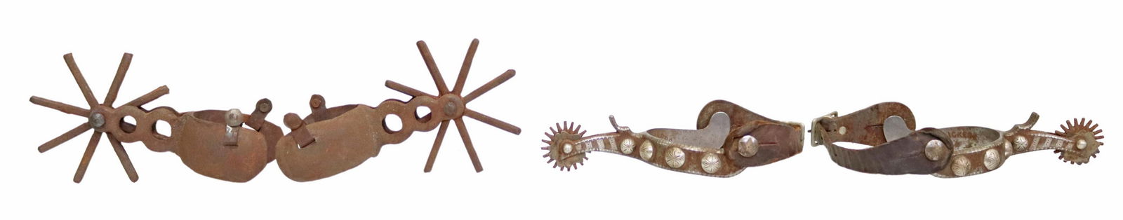 (2 PR) VINTAGE COWBOY SPURS MEXICO & VICKERS IDAHO: (2 pair) Cowboy Spurs: (1) Vickers Western Store, Idaho, silver or nickel mountings, 20 point 1.75" rowels, makers mark at interior heel band, surface rust, worn leathers; (1) Mexico spurs, rust, 8 po