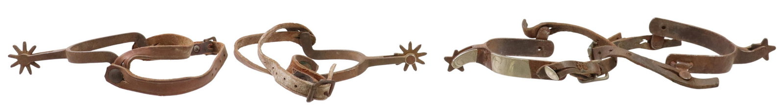 (2 PAIR) VINTAGE COWBOY SPURS: (lot of 2 pair) Vintage Cowboy spurs; (1) copper overlay on heelband, button and copper rivet holding rowel, rust, 9 point 1.5" rowels, worn leathers; (1) engraved silver overlay at heelband, shank an