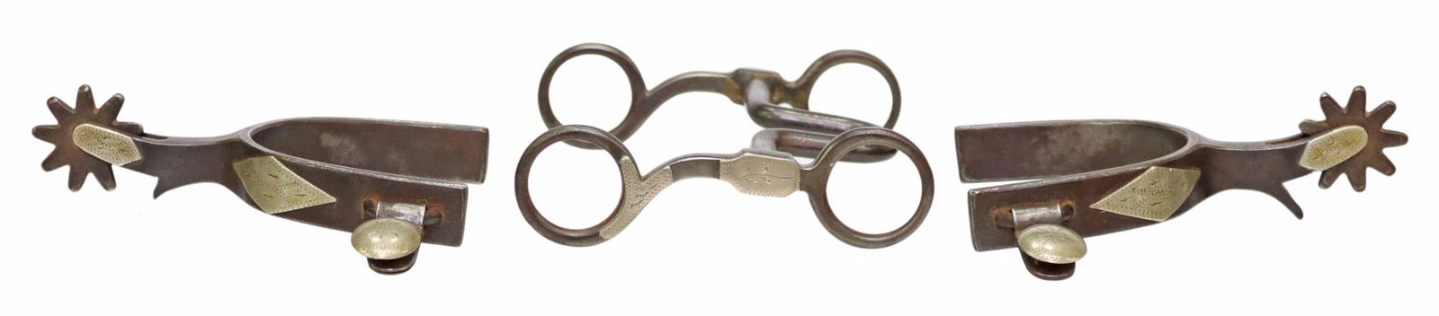 (3) VINTAGE CROCKETT COWBOY SPURS & BIT: (lot of 3) Pair of Crockett spurs, the name partially readable under swing arm button, silver or nickel mountings, 9 point 1.5" rowels, accompanied by a unsigned horse bit with similar mounting, for s