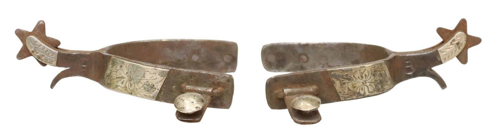 (PAIR) VINTAGE CROCKETT-RENALDE COWBOY SPURS: (pair) Crockett Renalde cowboy spurs marked with "R"at heelband and shank, mounted silver or nickel engraved floral at heelband and shank, 5 point 1" rowels, surface rust, for shipping .95lbs Start Pr