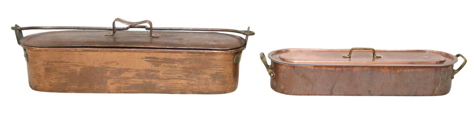 (2) FRENCH COPPER & METAL FISH POACHING PANS: (lot of 2) French copper and metal fish poaching pans, each of elongated ovular form, with lid, including: (1) having iron swing handle, approx 8"h, 31"w, 9"d; (1) dual brass side handles, with inset 