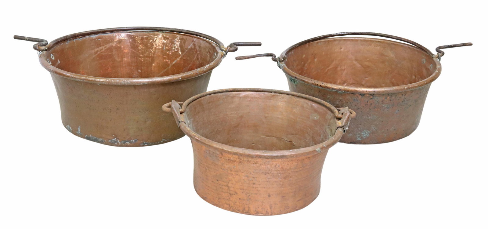 (3) LARGE RUSTIC FRENCH COPPER & IRON POTS: (lot of 3) Large French copper jelly pans/ cauldron pots, late 19th/ early 20th c., each with rolled rim and iron swing handle, all with patination and wear commensurate with age and use, largest: app