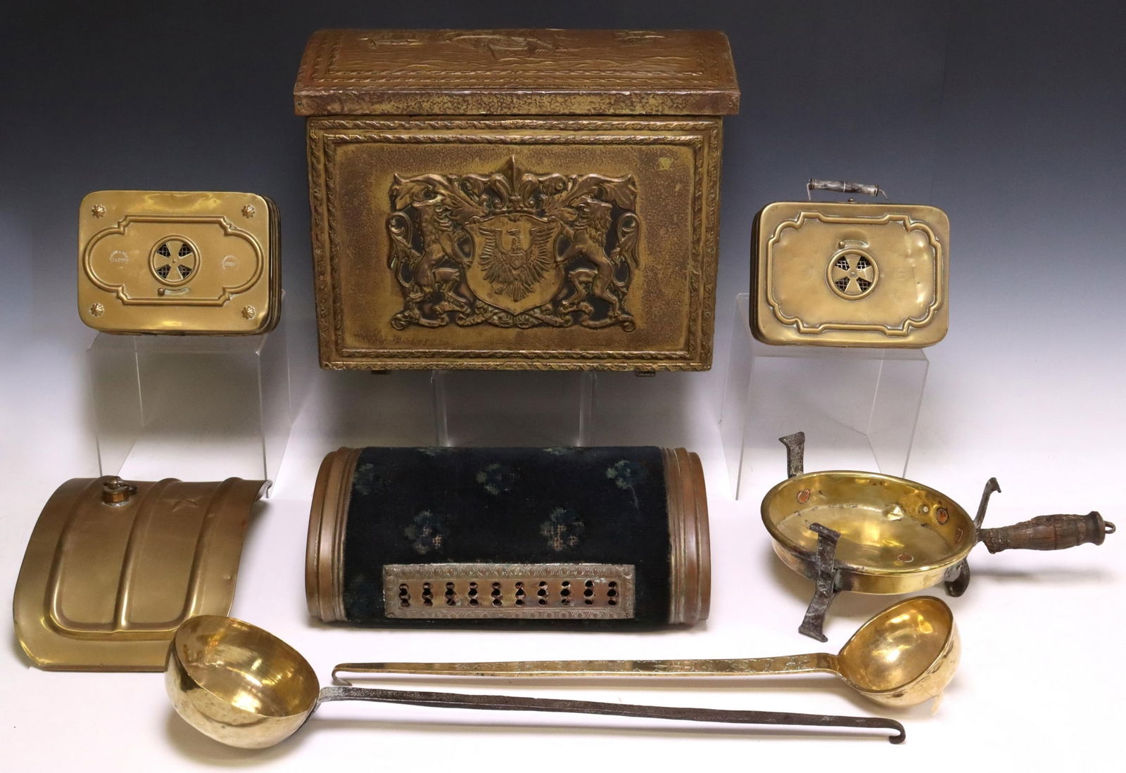 (8) FRENCH CARRIAGE WARMERS, COAL BIN, & LADLES: (lot of 8) French copper and metal warmers and houseware, late 19th/ early 20th c., including: (1) brass-clad coal bin, having hinged lid, with repousse heraldic and nautical motifs, approx 12.5"h, 16