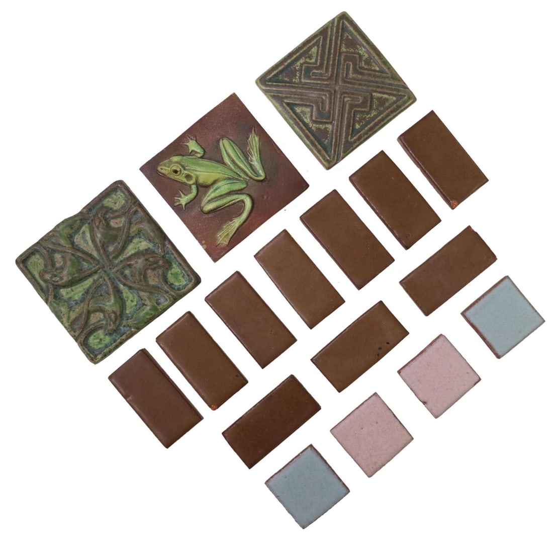 (18) ARCHITECTURAL ART POTTERY TILES: (lot of 18) Art pottery tiles, including: (1) Natalie Surving bas-relief frog tile, dated [19]92, approx 4"l, 4"w, (2) Motawi Tileworks, Ann Arbor, Michigan, (one) approx 4.25"l, 4 3/8"w, (one) approx