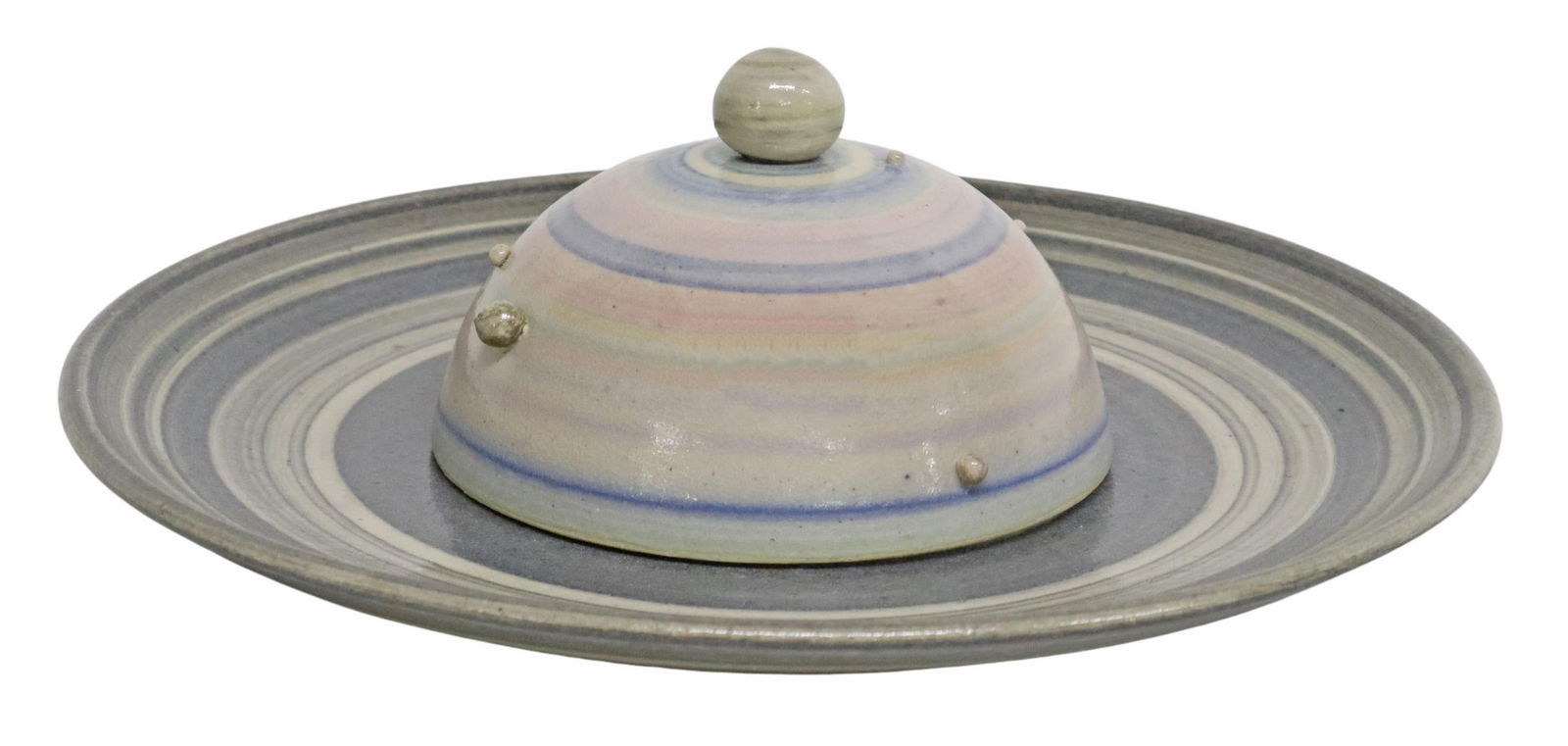 TIM EBERHARDT POTTERY PLATTER APOLLO 16 DEDICATION: Studio art pottery chip and dip platter/ divided serving platter, Tim Eberhardt (American, 20th c.), glazed earthenware, domed cover with planetary design, painted inscription underfoot: "a gift for C