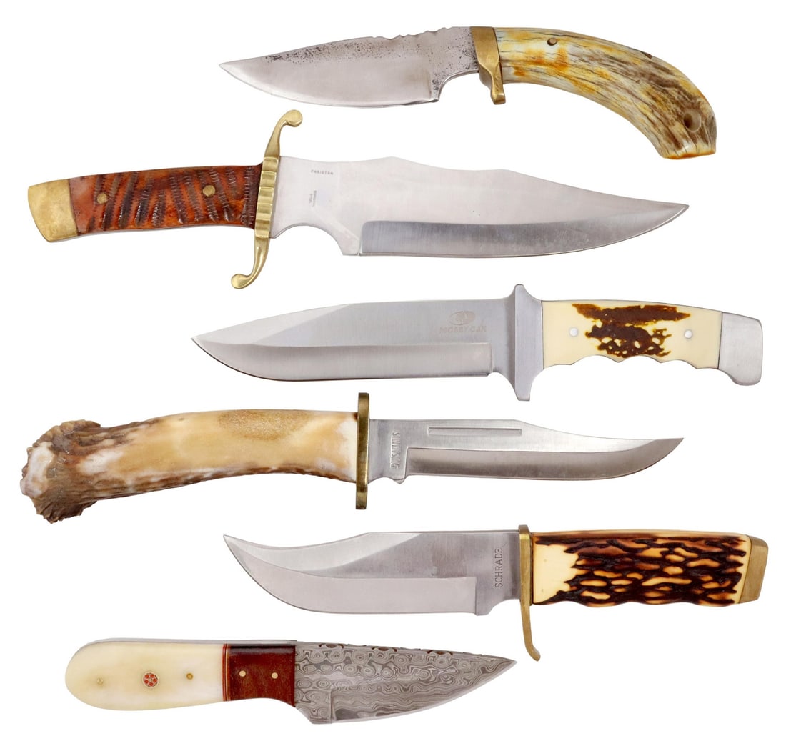 (6) FIXED BLADE KNIVES SILVER STAG, SCHRADE, MORE: (lot of 6) Fixed blade knives, unused and not sharpened, most well lubricated: (1) Silver Stag Deep Valley, 6" clip point blade, 12" overall, antler handle; (1) Mossy Oak, 6" drop point blade, 10.25" 