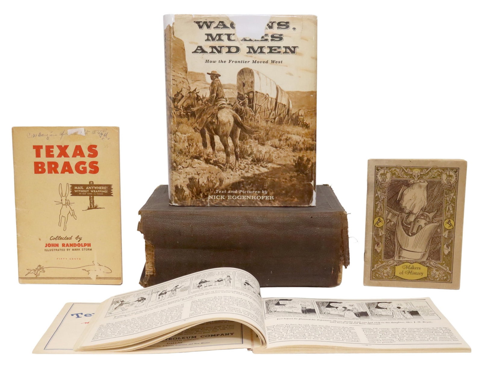 (5) BOOKS: TEXANA, HISTORY, & WESTERN SUBJECTS: (lot of 5) Books: Western, Texana, and history subjects, including: (1) "Wagons, Mules, and Men: How the Frontier Moved West," by Nick Eggenhofer, author signed with sentiment at front title page, pub
