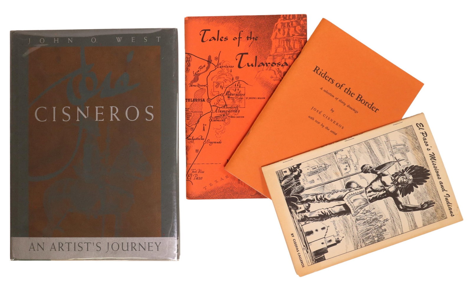 (4) SOUTHWEST BOOKS, DRAWINGS BY JOSE B. CISNEROS: (lot of 4) Books: Southwest subjects, all featuring illustrations by artist Jose B. Cisneros (Mexico/ Texas, 1910-2009), including: (1) "Riders of the Border: A Selection of Thirty Drawings," by Jose 