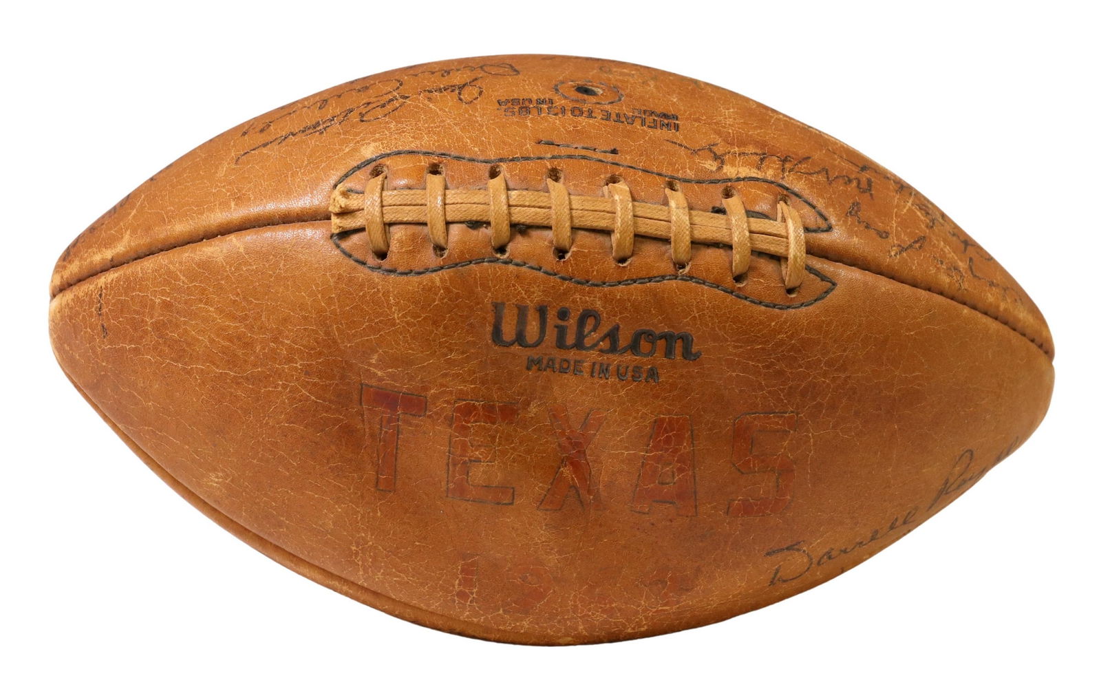 UNIVERSITY OF TEXAS C.1964 AUTOGRAPHED FOOTBALL: University of Texas signed Wilson football, c.1964, more than 70 autographs including those of Coach Darrell Royal and Tommy Nobis, College Football Hall of Fame, the Maxwell Award, the first overall