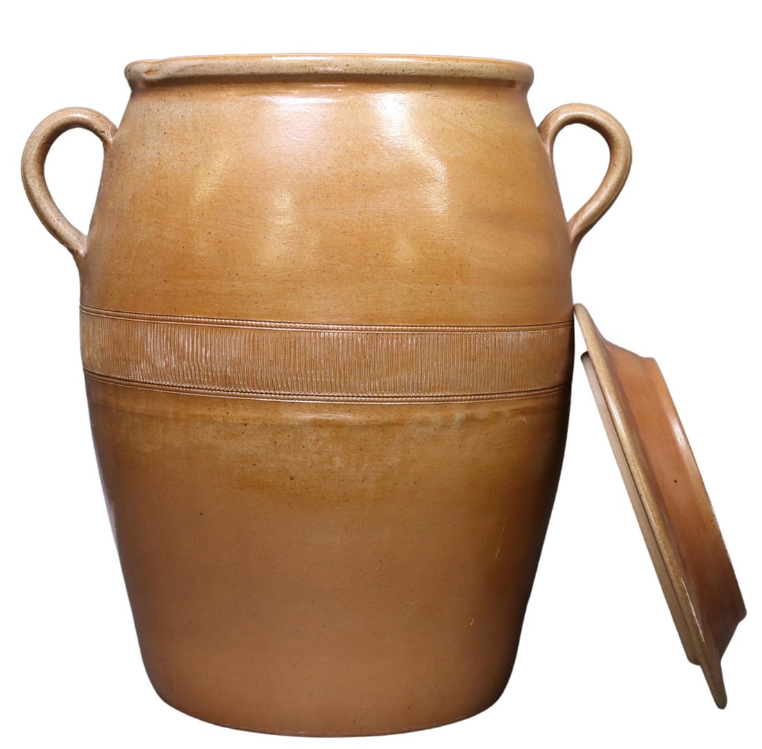 LARGE FRENCH GLAZED STONEWARE PRESERVE JAR & COVER: Large French glazed stoneware preserve jar/ crock and cover, two side handles, approx 20.5"h, 19.5"w, 14.8"d, 34lbs Start Price: $80.00