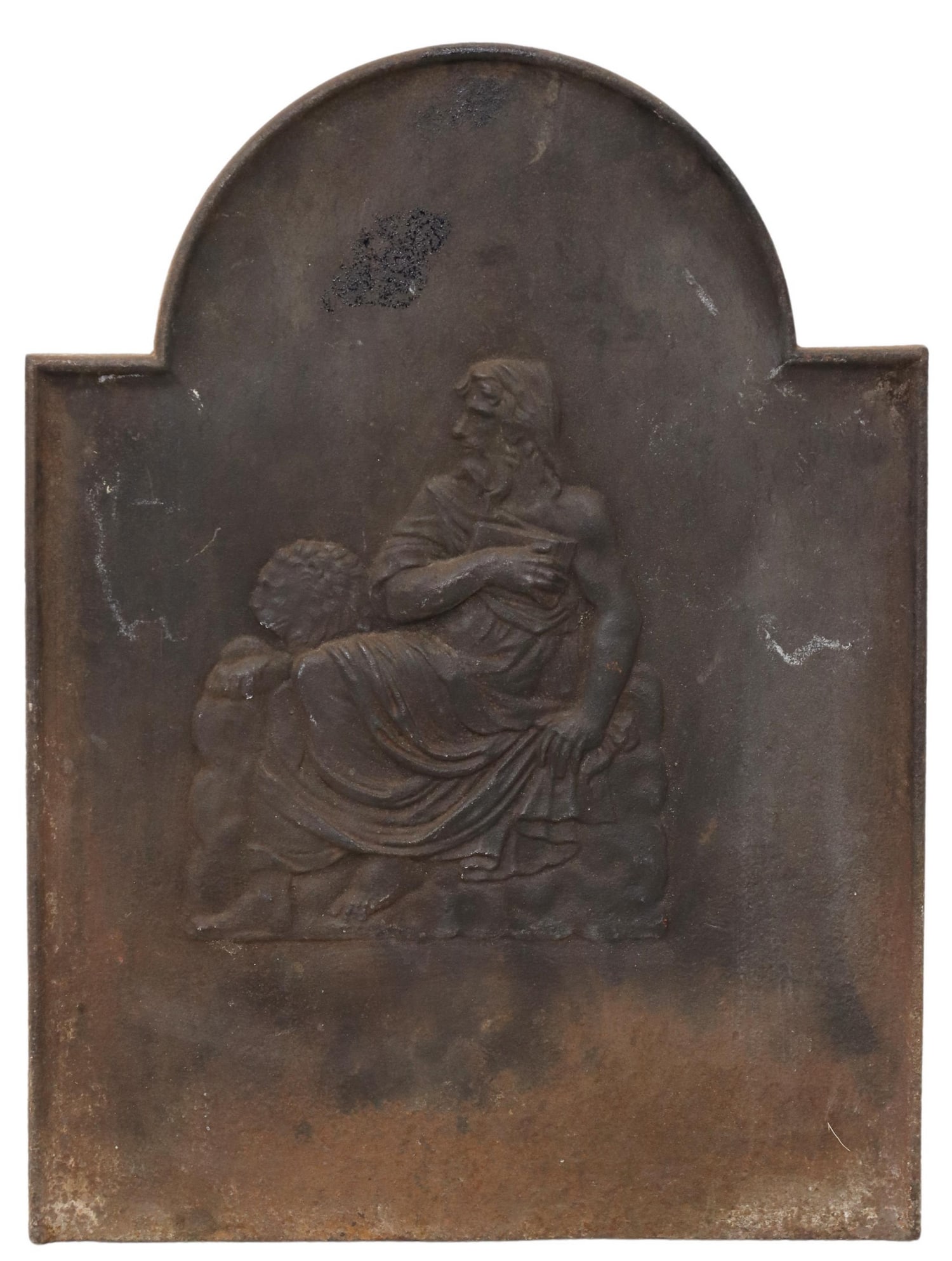 CONTINENTAL CAST IRON FIGURAL FIREBACK: Continental cast iron fireback panel, seated figure in Classical dress accompanied by a lion, approx 21.75"h, 16.25"w Start Price: $100.00